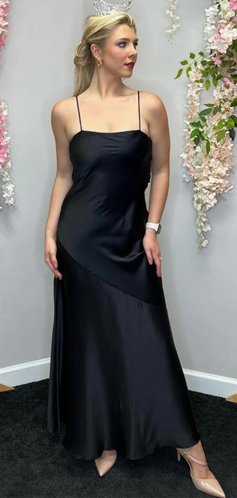 Sexy Spaghetti Strap Black Sleeveless Mermaid Satin Long Prom Dresses For Party Online, OL367