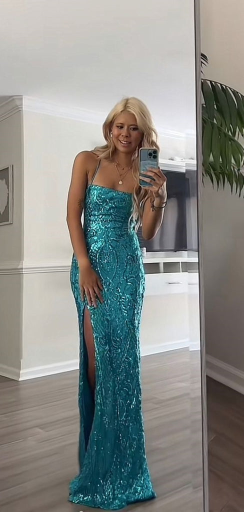 Elegant Spaghetti Strap Sleeveless Mermaid Satin Evening Prom Dresses Online, OLP841