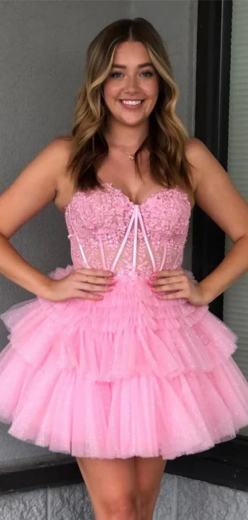 Unique Sweetheart Short A-line Tulle Pink Homecoming Dresses For Party Online, HD0799