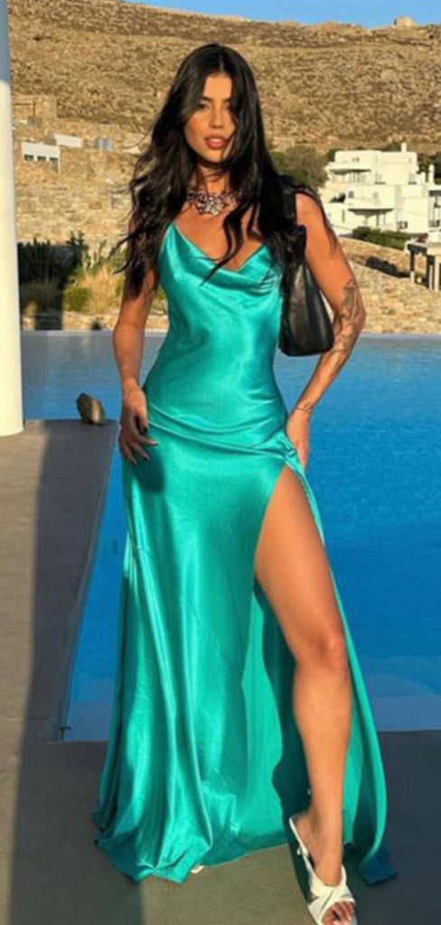 Sexy Spaghetti Strap Sleeveless Mermaid Satin Evening Prom Dresses Online, OLP845