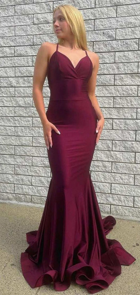 Sexy V-neck Satin Mermaid Long Prom Dress With Trailing Online, OL287