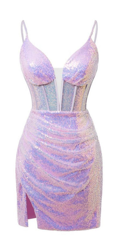 Sexy Spaghetti Strap V-neck Sleeveless Short Mermaid Sequin Homecoming Dresses For Party Online, HD0855