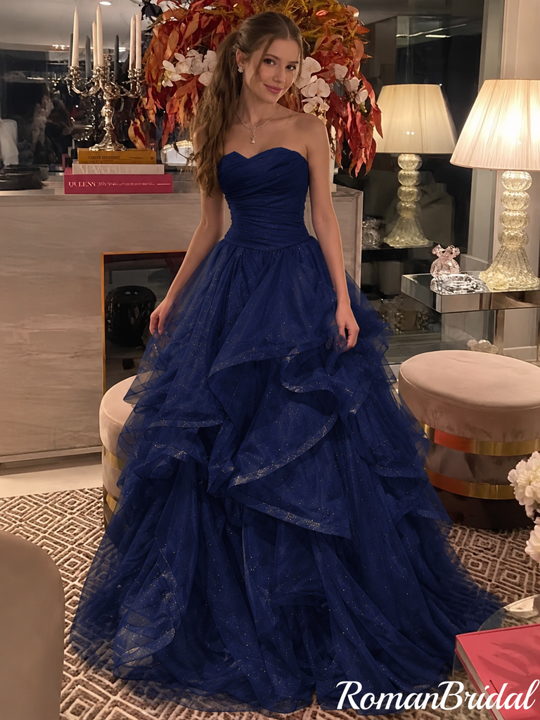 Classy Navy Blue Strapless Tiered Glitter Tulle Prom Dress,OLP2485