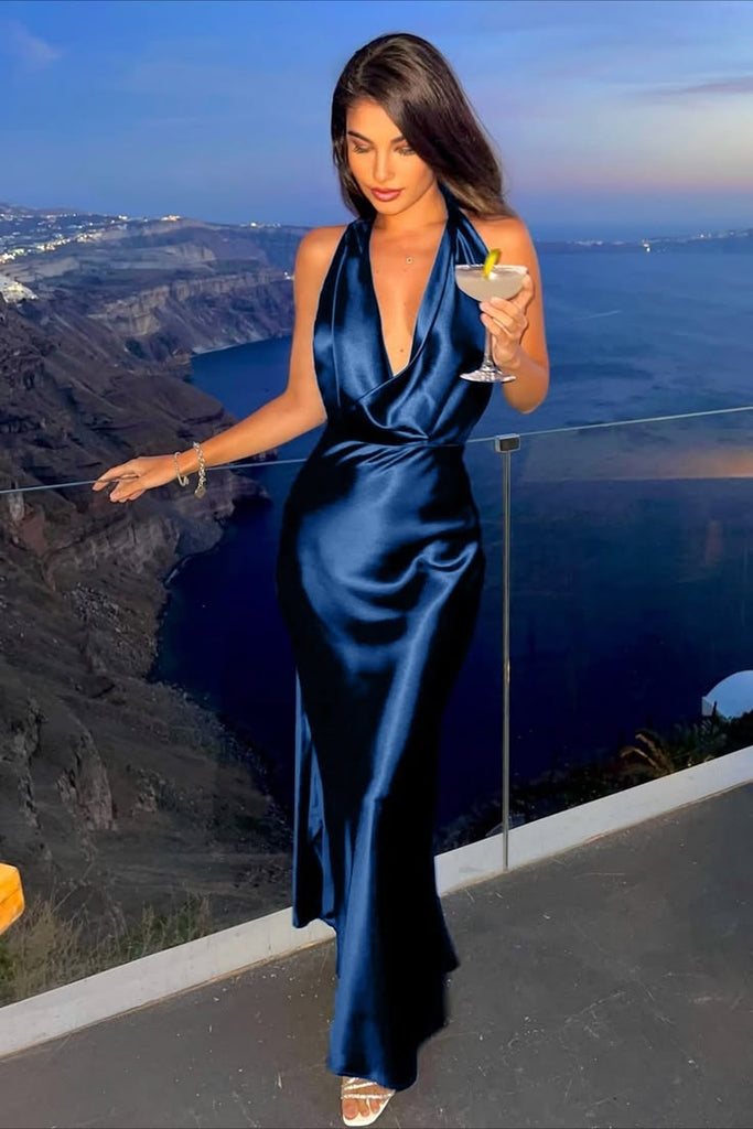 Modern Navy Blue Silk Halter Prom Dress Sexy Deep V-Neck Backless Evening Gown,OLP1942