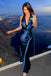 Modern Navy Blue Silk Halter Prom Dress Sexy Deep V-Neck Backless Evening Gown,OLP1942