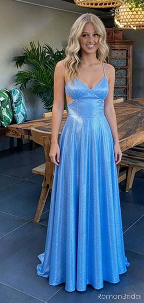 Sexy Spaghetti Strap Sleeveless A-Line Satin Evening Prom Dresses Online, OLP1023