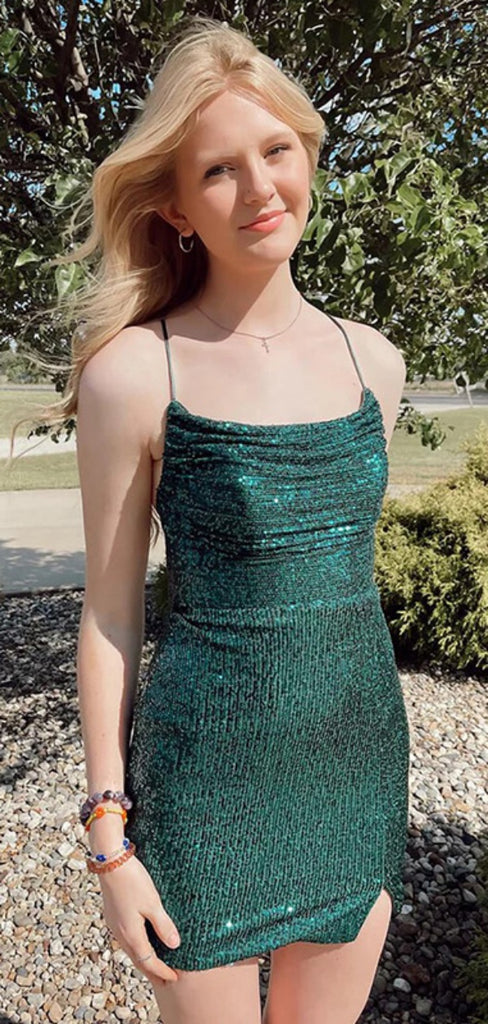 Shiny Spaghetti Strap Sleeveless Short Sequin Mermaid Homecoming Dresses With Slit For Party Online, HD0803