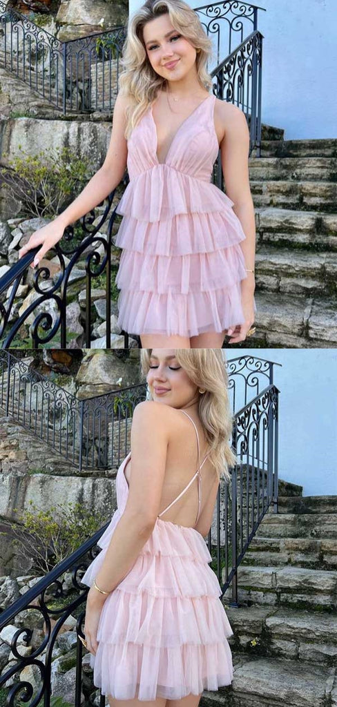 Cute V-neck Sleeveless A-line Tulle Pink Homecoming Dresses For Party Online, HD1086