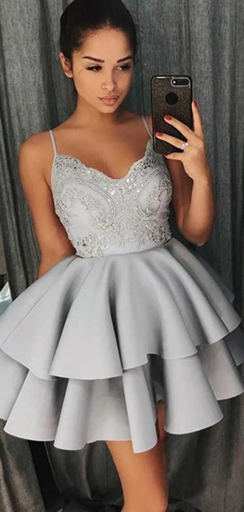 Sexy Spaghetti Strap Sleeveless A-line Satin Short Ruffles Homecoming Dresses For Party Online, HD01011