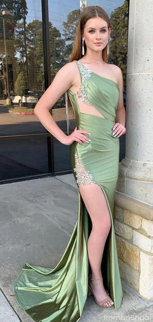 Elegant Green One-Shoulder Mermaid Long Prom Dress Ideas, Evening Party Dresses, OLP1634