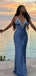 Classy Lace Blue Silk Slip Dress V-Neck Sexy Backless Prom Night Gown,OLP1854