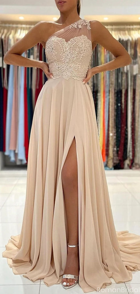 Elegant Champagne One-Shoulder A-Line Long Prom Dress Ideas, Evening Party Dresses, OLP1418