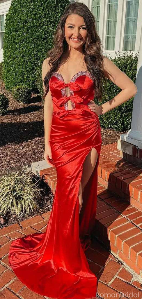 Elegant Red Sweetheart Mermaid Side Slit Long Prom Dress Ideas, Evening Party Dresses, OLP1660