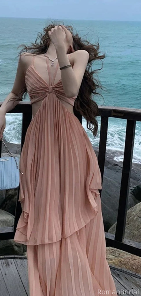 Unique Pink Spaghetti Strap A-Line Long Prom Dress Ideas, Evening Party Dresses, OLP1579