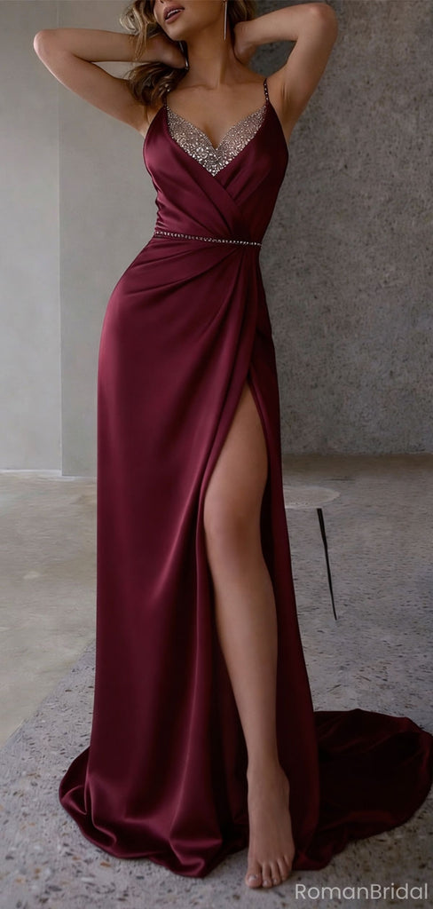 Classy Satin Ball Gown Beaded V-Neck Sleeveless High Slit Party Dress,OLP1832