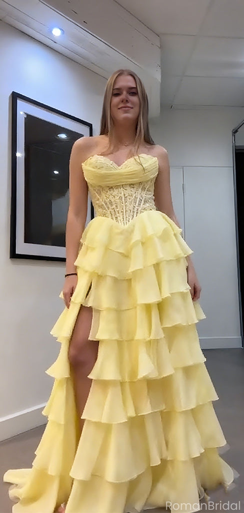 Unique Yellow Tiered Ruffle Prom Dress Strapless Corset Bodice Tulle Ball Gown with Slit, OLP1703