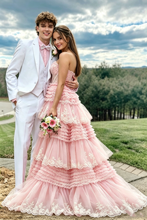 Unique Pink Tulle Tiered Prom Dress Strapless Lace Corset Ball Gown,OLP2254