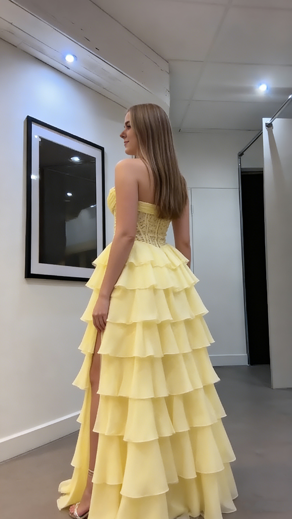 Unique Yellow Tiered Ruffle Prom Dress Strapless Corset Bodice Tulle Ball Gown with Slit, OLP1703