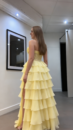 Unique Yellow Tiered Ruffle Prom Dress Strapless Corset Bodice Tulle Ball Gown with Slit, OLP1703