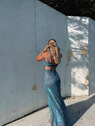 Shiny Blue Spaghetti Strap Mermaid Side Slit Long Prom Dress Ideas, Evening Party Dresses, OLP1368