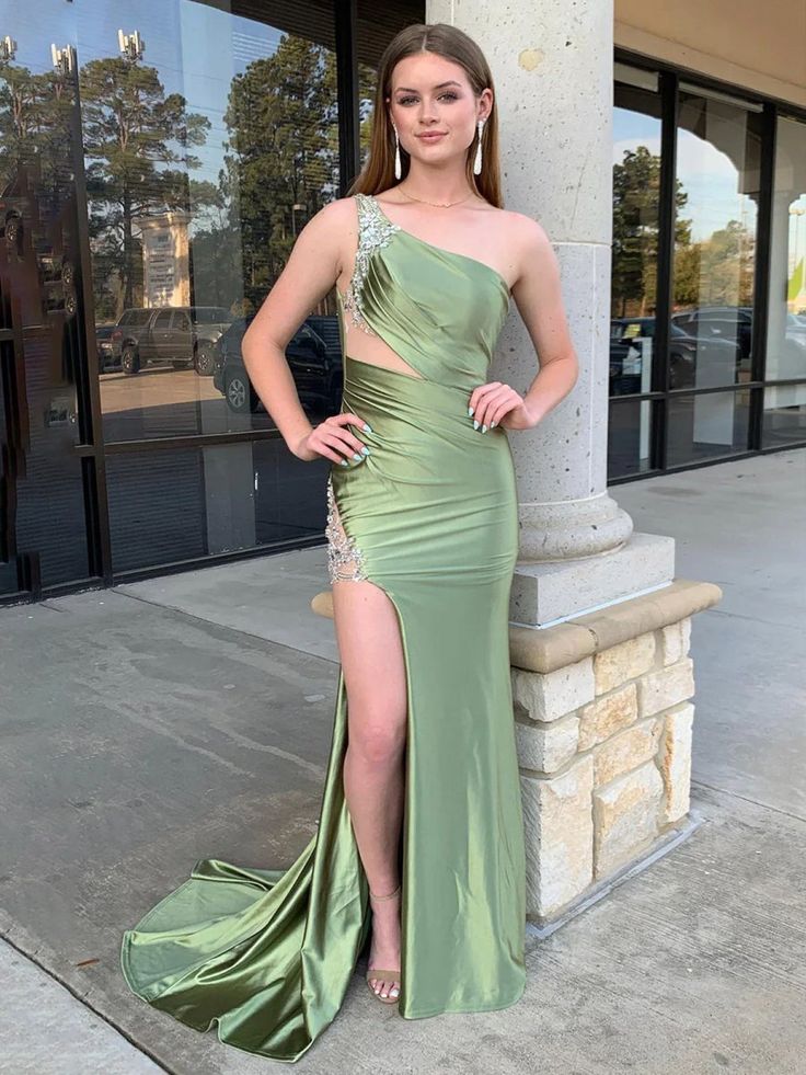 Elegant Green One-Shoulder Mermaid Long Prom Dress Ideas, Evening Party Dresses, OLP1634
