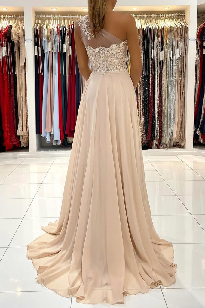 Elegant Champagne One-Shoulder A-Line Long Prom Dress Ideas, Evening Party Dresses, OLP1418