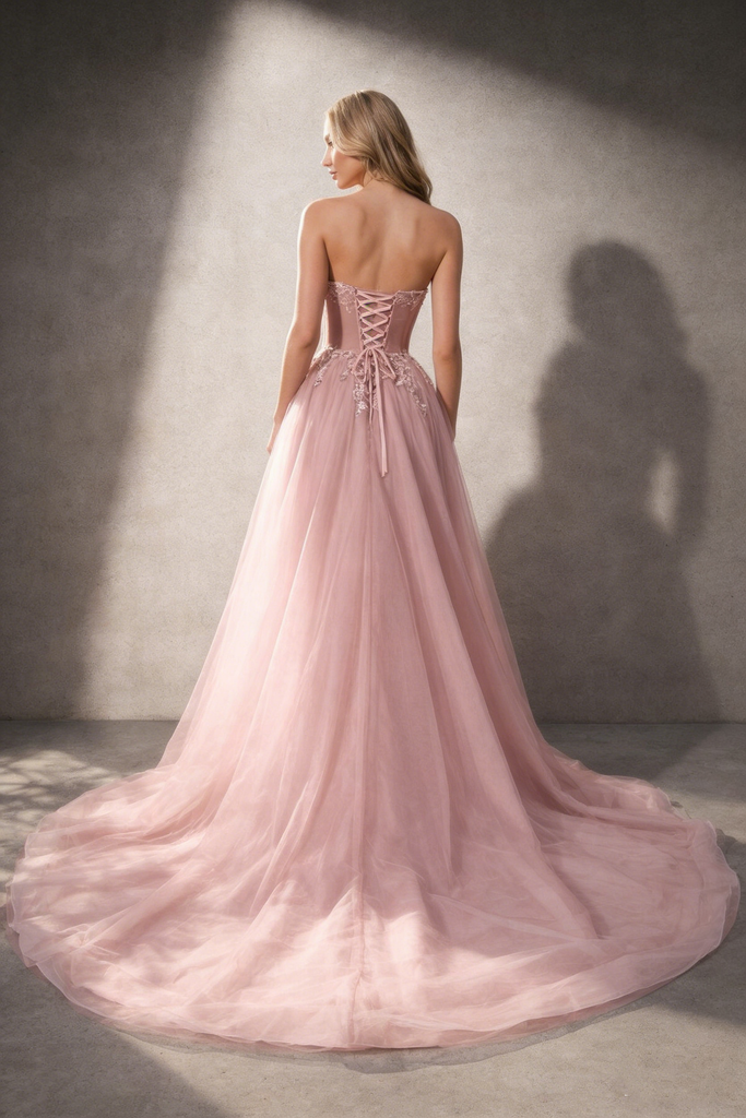 Unique Strapless Corset Prom Dress Dusty Pink Tulle Ball Gown with Appliques,OLP1901
