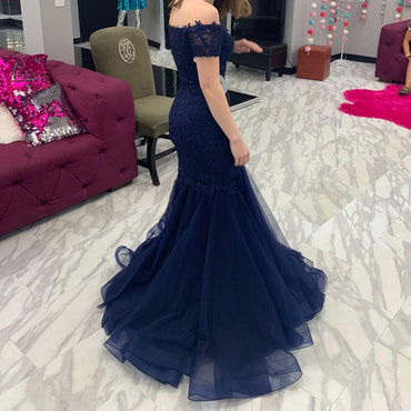 Sexy Navy Blue Off-Shoulder Mermaid  Long Prom Dress Ideas, Evening Party Dresses, OLP1406