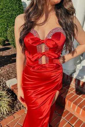 Elegant Red Sweetheart Mermaid Side Slit Long Prom Dress Ideas, Evening Party Dresses, OLP1660