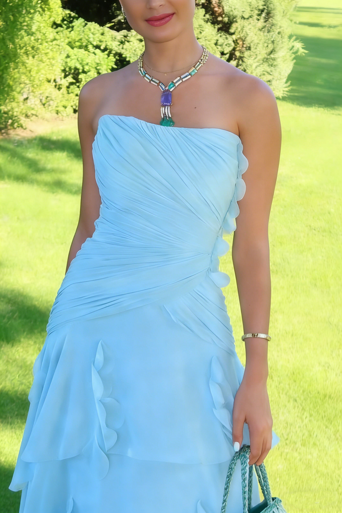 Classy Blue Strapless Ruched Chiffon Prom Dress Tiered Ruffle Formal Maxi Gown,OLP1844