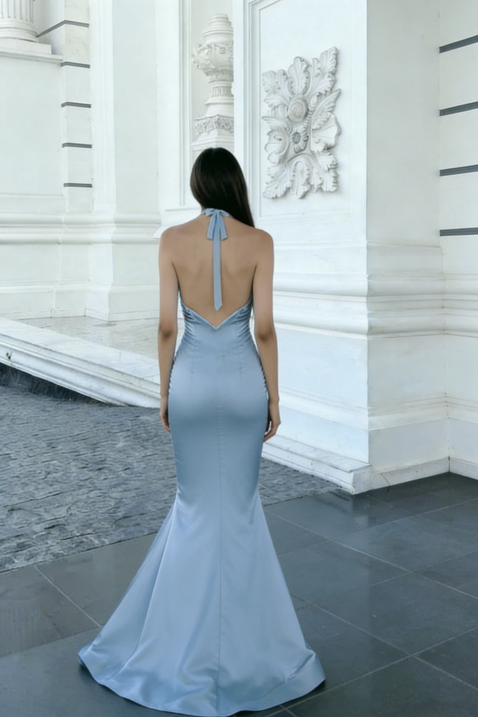 Classy Light Blue Satin Mermaid Prom Dress Sexy V-Neck Knot Detail,OLP1957