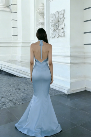 Classy Light Blue Satin Mermaid Prom Dress Sexy V-Neck Knot Detail,OLP1957
