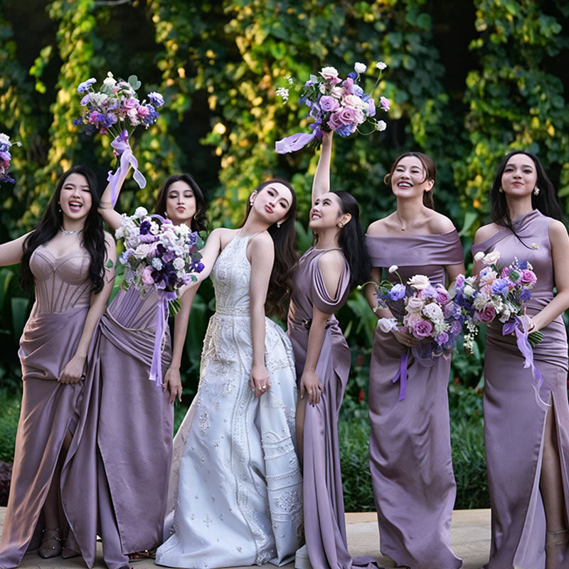 Mauve Satin Corset Bridesmaid Dress Sweetheart Neckline Ruched Slit Maxi,BG959