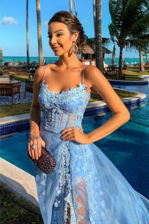 Unique Blue Spaghetti Strap A-Line Side Slit Sleeveless Long Prom Dress Ideas, Evening Party Dresses, OLP1324
