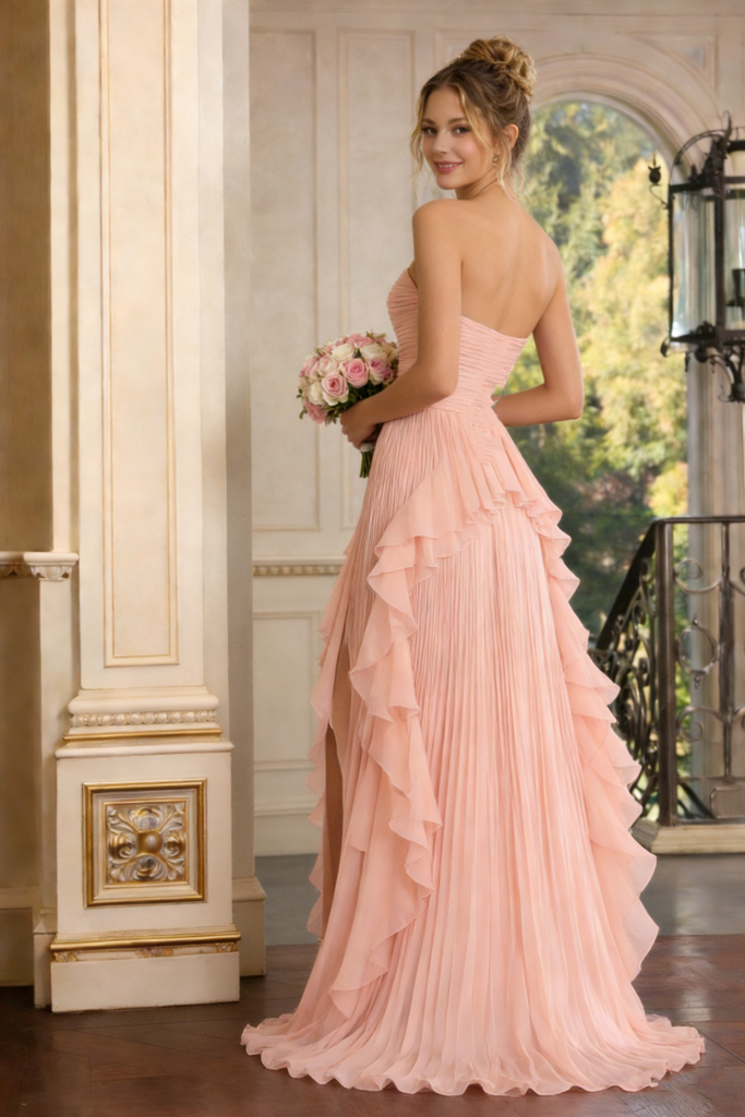 Classy Blush Pink High-Low Prom Gown Ruffled Chiffon Strapless Dress,OLP1916