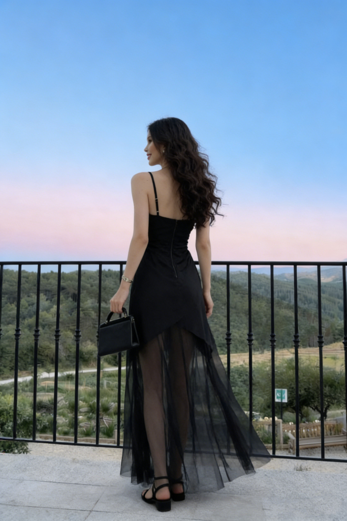 Sexy Cowl Neck Black Satin Prom Dress with Sheer Tulle A-Line Overlay Skirt,OLP2000