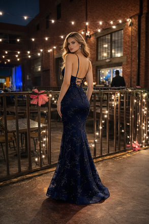 Classy Navy Blue Sequin Mermaid Prom Dress V-Neck Sleeveless Sparkly Evening Gown,OLP1928