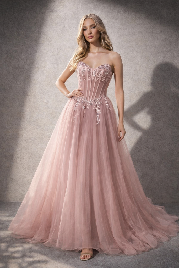 Unique Strapless Corset Prom Dress Dusty Pink Tulle Ball Gown with Appliques,OLP1901