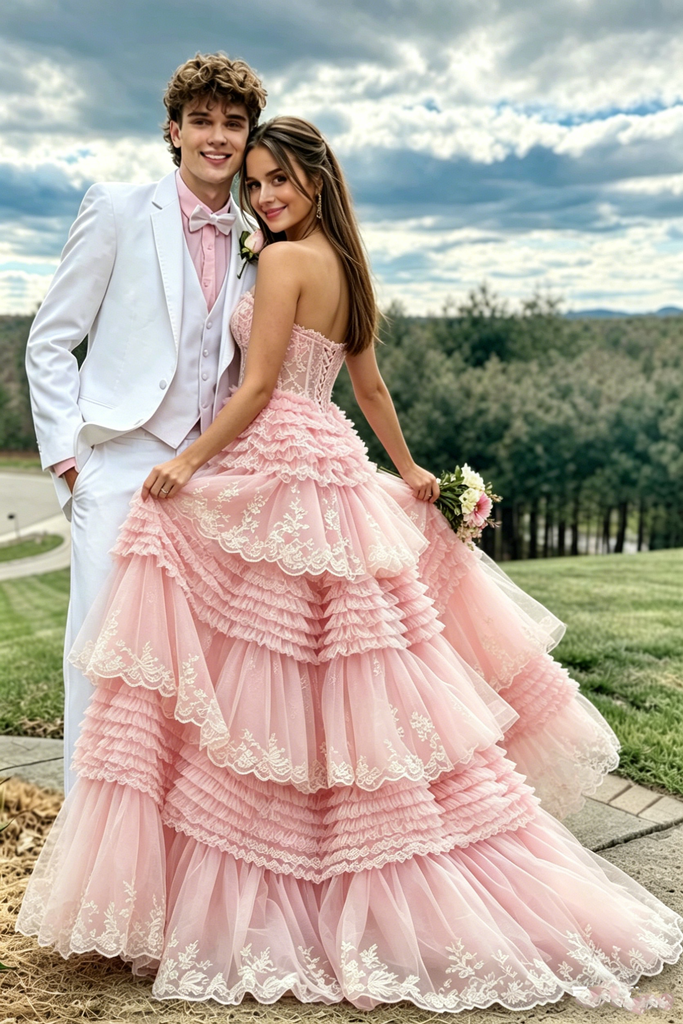 Unique Pink Tulle Tiered Prom Dress Strapless Lace Corset Ball Gown,OLP2254