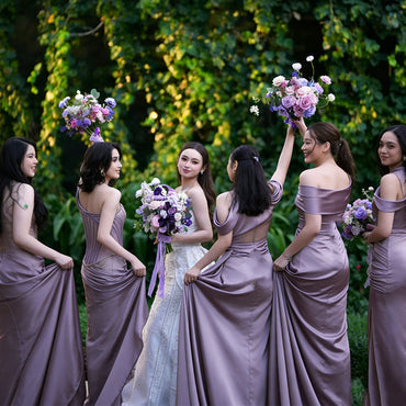 Mauve Satin Corset Bridesmaid Dress Sweetheart Neckline Ruched Slit Maxi,BG959