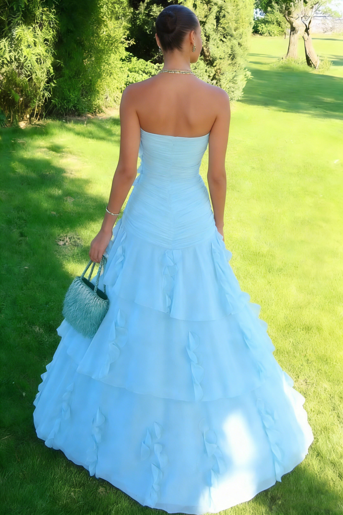 Classy Blue Strapless Ruched Chiffon Prom Dress Tiered Ruffle Formal Maxi Gown,OLP1844