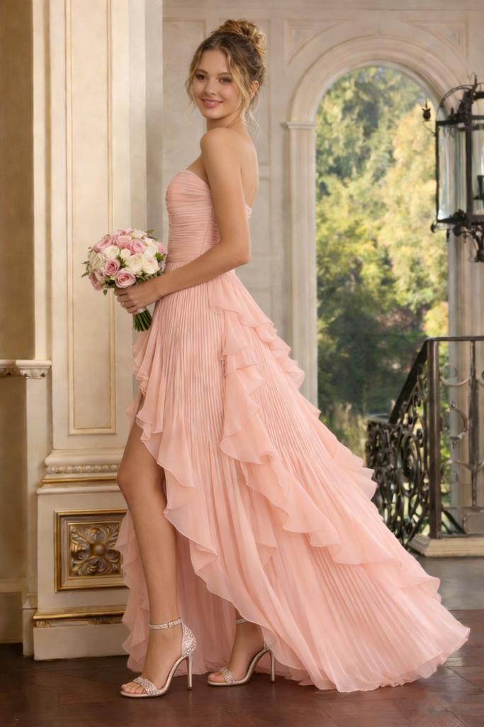 Classy Blush Pink High-Low Prom Gown Ruffled Chiffon Strapless Dress,OLP1916