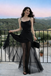 Sexy Cowl Neck Black Satin Prom Dress with Sheer Tulle A-Line Overlay Skirt,OLP2000