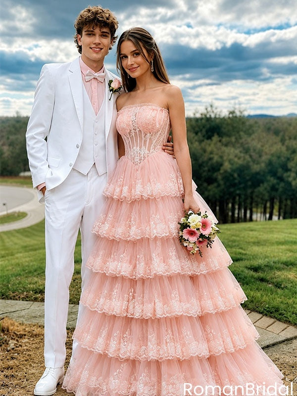 Unique Pink Tulle Tiered Prom Dress Strapless Lace Corset Ball Gown,OLP2254