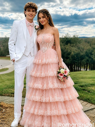 Unique Pink Tulle Tiered Prom Dress Strapless Lace Corset Ball Gown,OLP2254