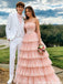 Unique Pink Tulle Tiered Prom Dress Strapless Lace Corset Ball Gown,OLP2254