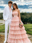 Unique Pink Tulle Tiered Prom Dress Strapless Lace Corset Ball Gown,OLP2254