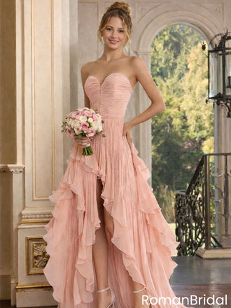 Classy Blush Pink High-Low Prom Gown Ruffled Chiffon Strapless Dress,OLP1916