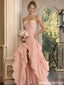 Classy Blush Pink High-Low Prom Gown Ruffled Chiffon Strapless Dress,OLP1916