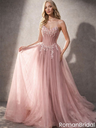 Unique Strapless Corset Prom Dress Dusty Pink Tulle Ball Gown with Appliques,OLP1901